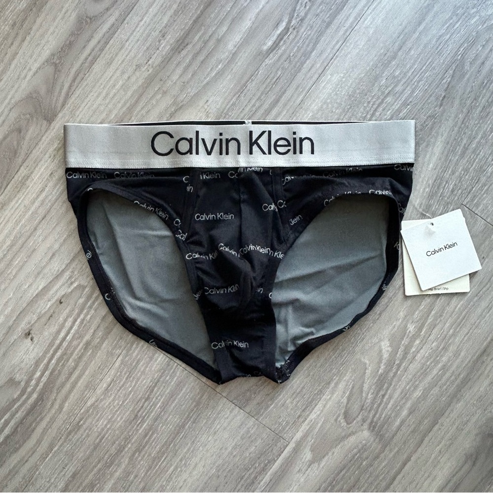 Calvin Klein | Brushed Microfiber Stretch Hip Brief in Black Logo Print (Small) - Picture 6 of 15